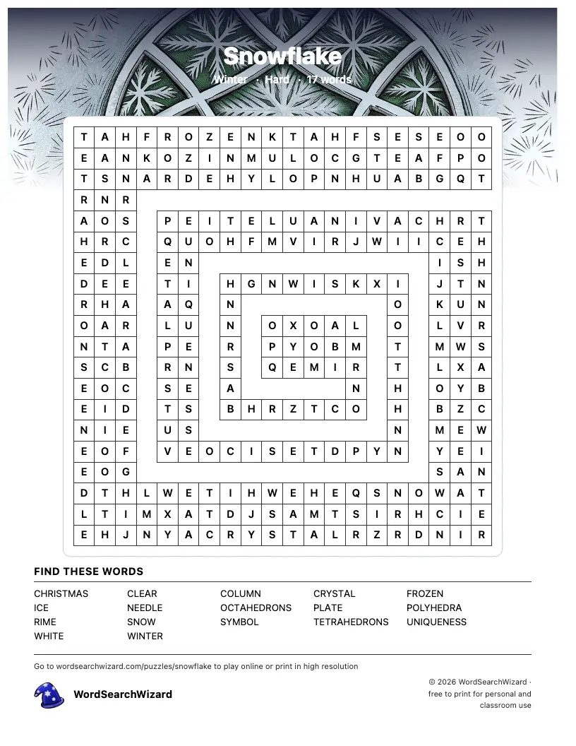 Snowflake word search printable sheet, 17 words to find