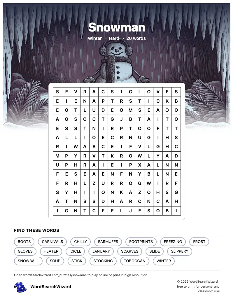 Snowman word search printable sheet, 20 words to find