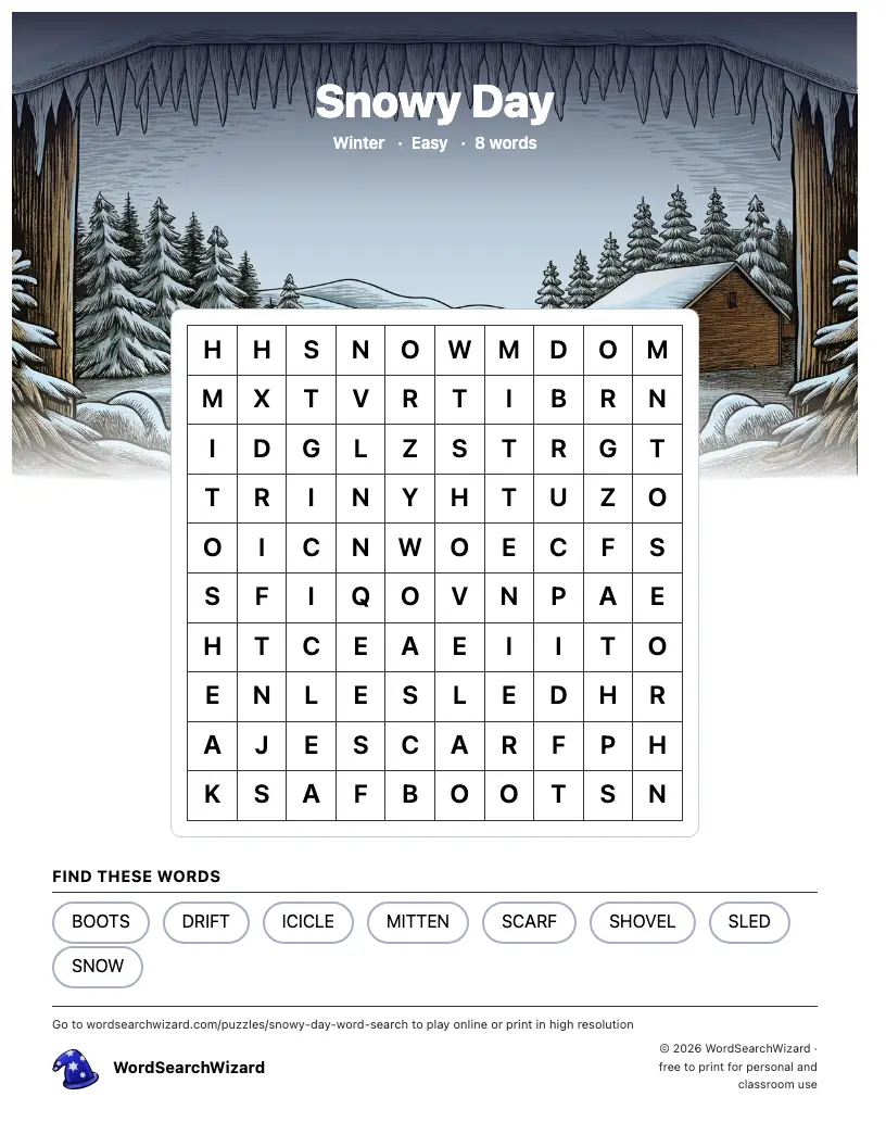 Snowy Day word search printable sheet, 8 words to find