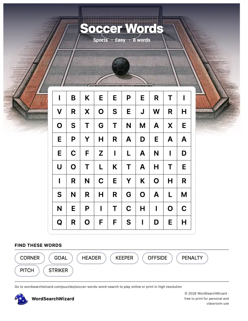 Soccer Words word search printable sheet, 8 words to find