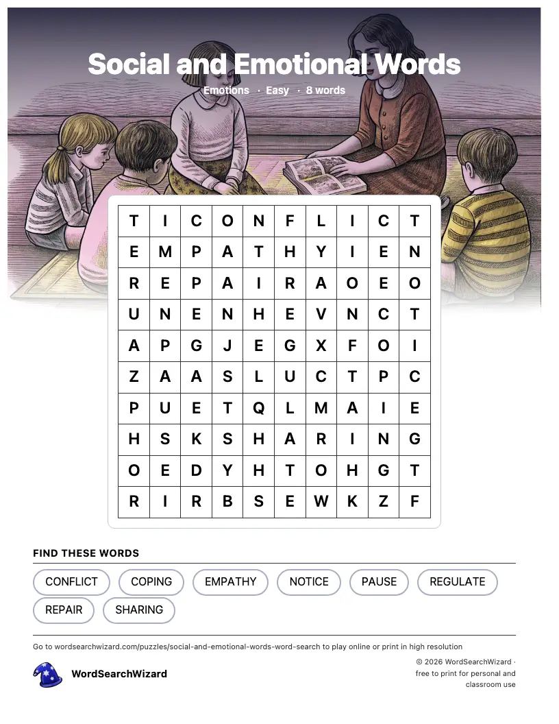 Social and Emotional Words word search printable sheet, 8 words to find