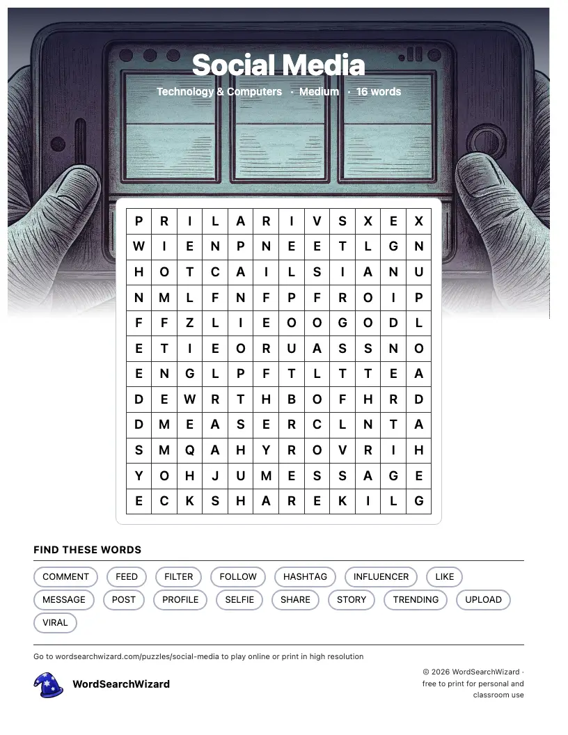 Social Media word search printable sheet, 16 words to find