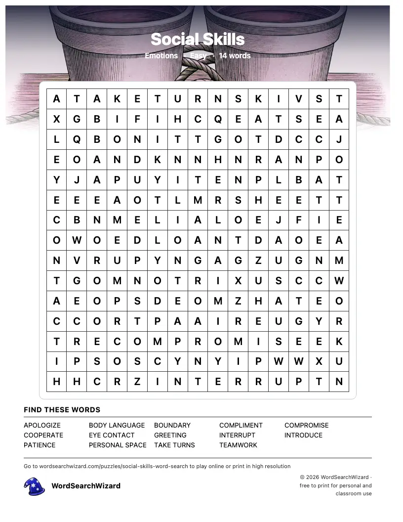 Social Skills word search printable sheet, 14 words to find