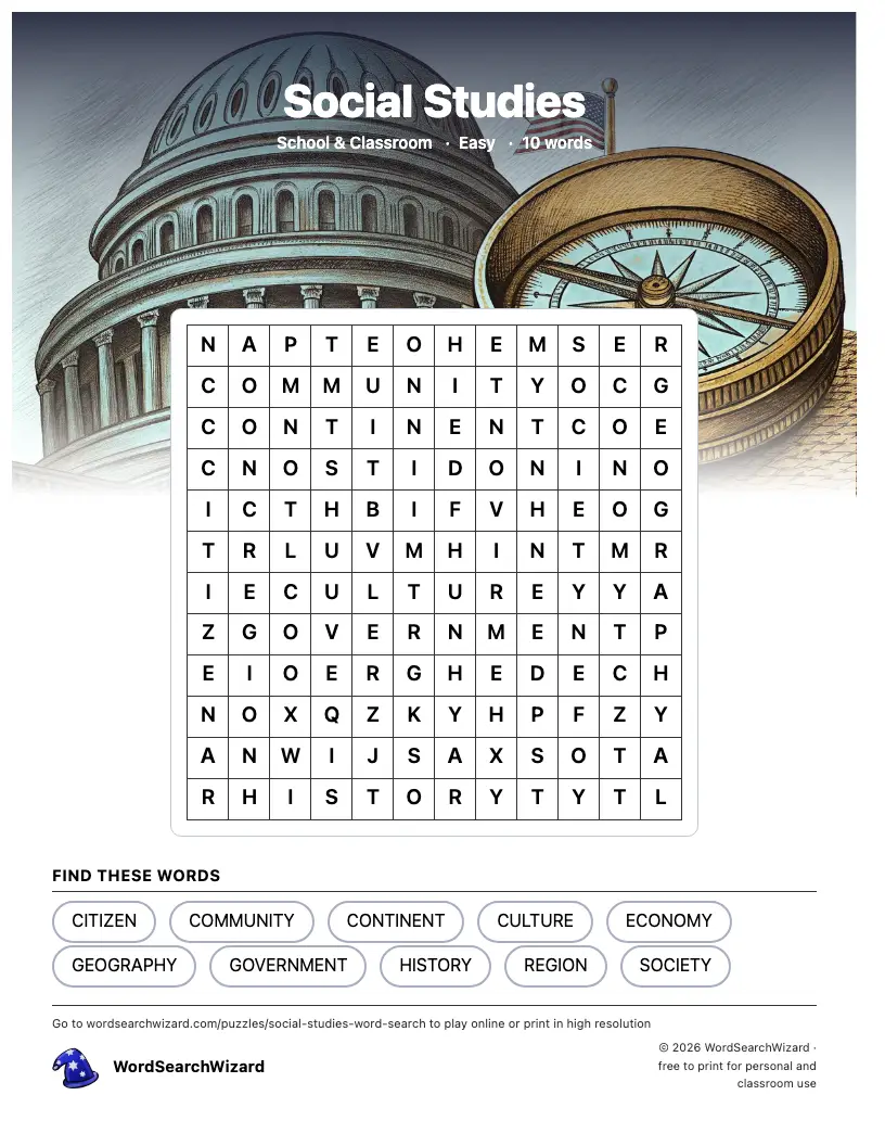 Social Studies word search printable sheet, 10 words to find