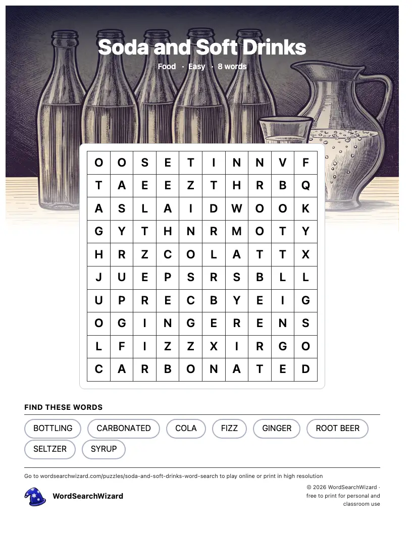 Soda and Soft Drinks word search printable sheet, 8 words to find