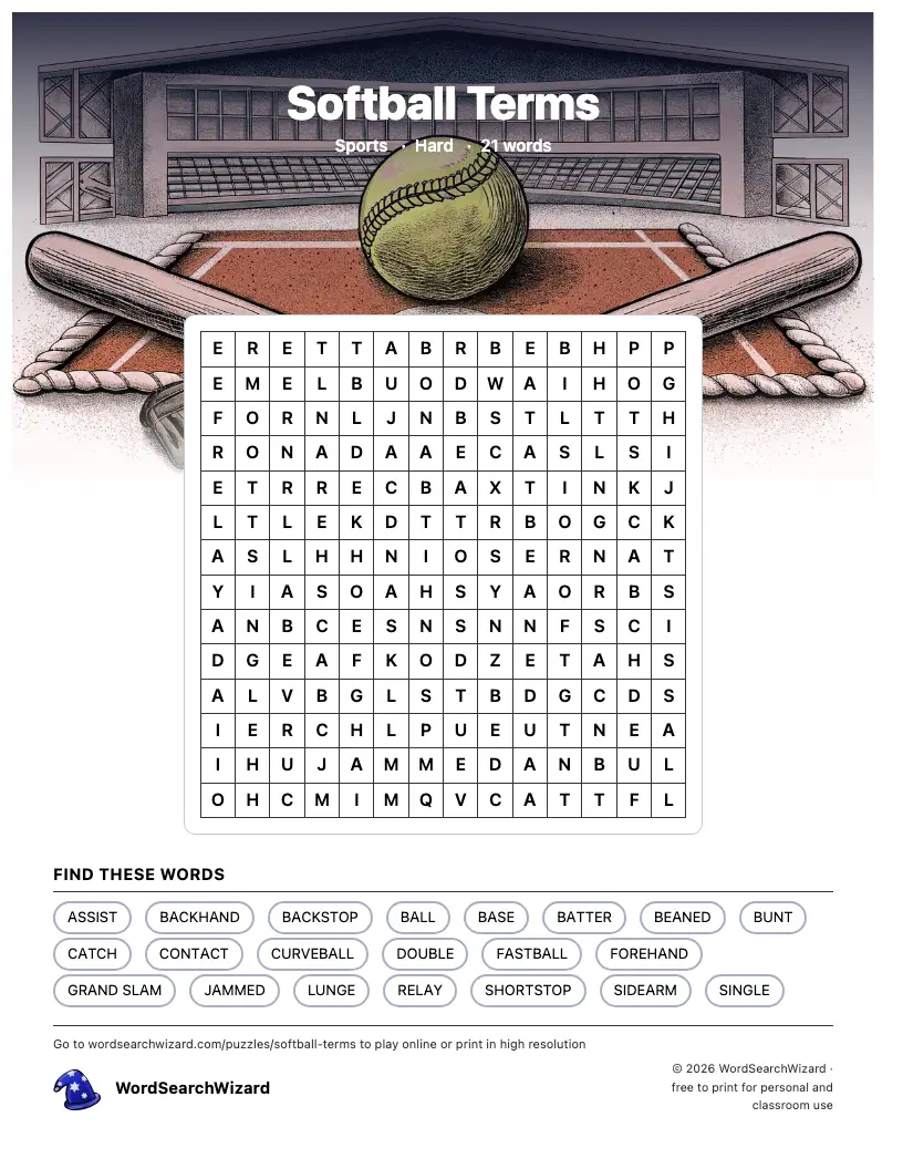 Softball Terms word search printable sheet, 21 words to find