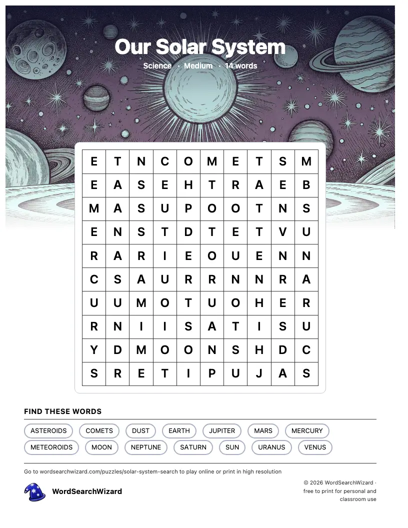 Our Solar System word search printable sheet, 14 words to find