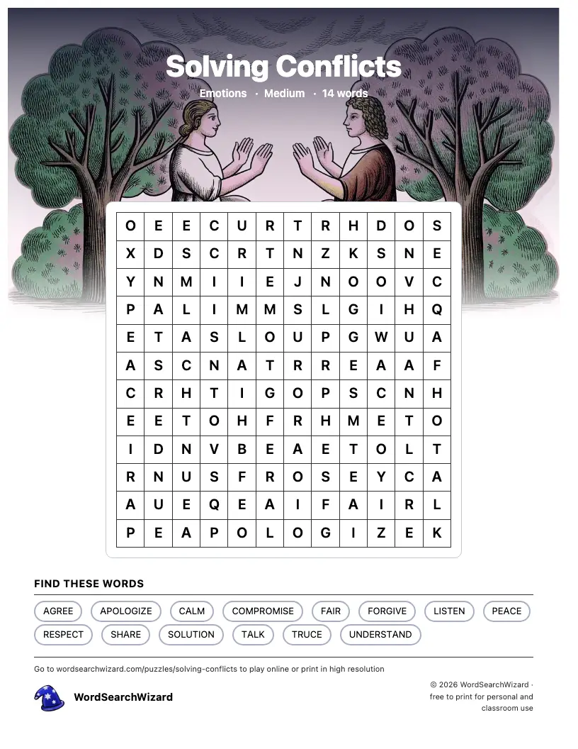 Solving Conflicts word search printable sheet, 14 words to find