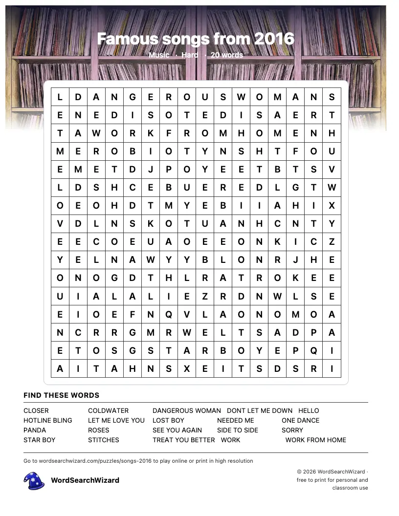 Famous songs from 2016 word search printable sheet, 20 words to find