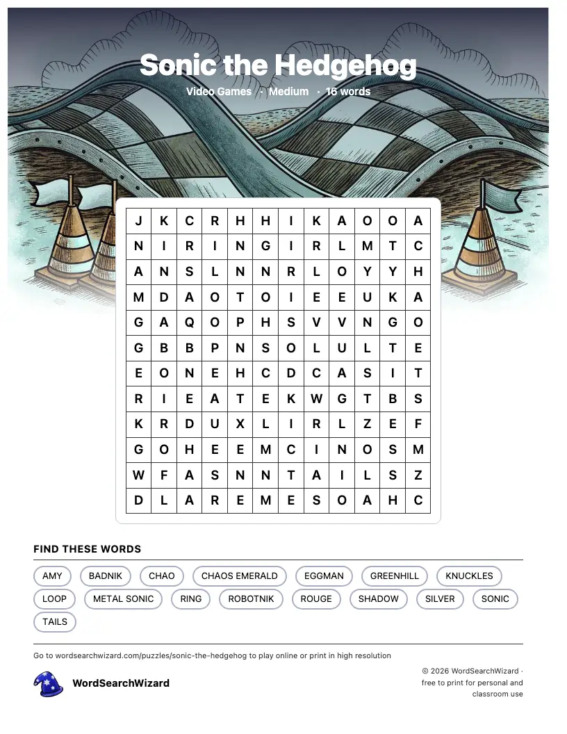 Sonic the Hedgehog word search printable sheet, 16 words to find