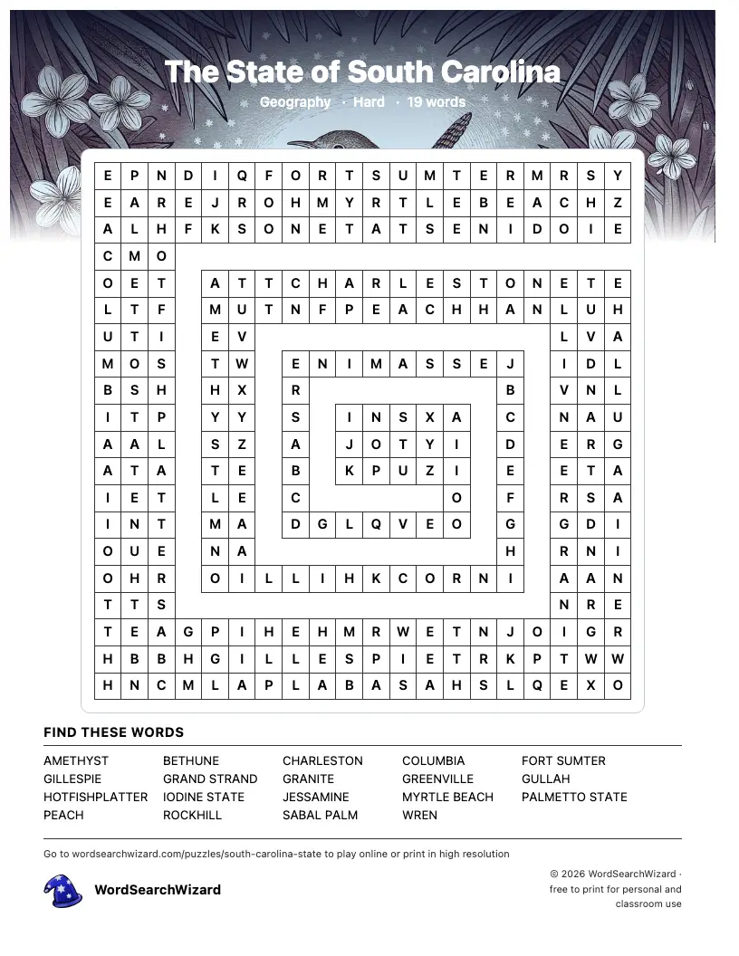 The State of South Carolina word search printable sheet, 19 words to find
