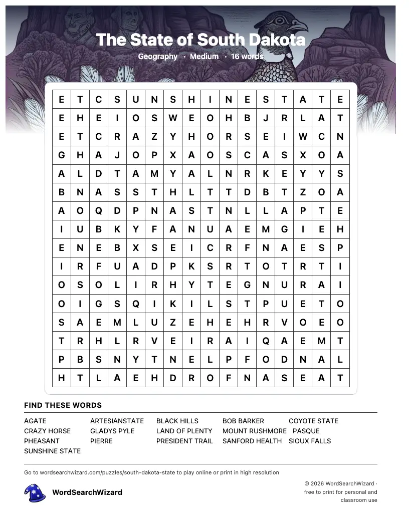 The State of South Dakota word search printable sheet, 16 words to find