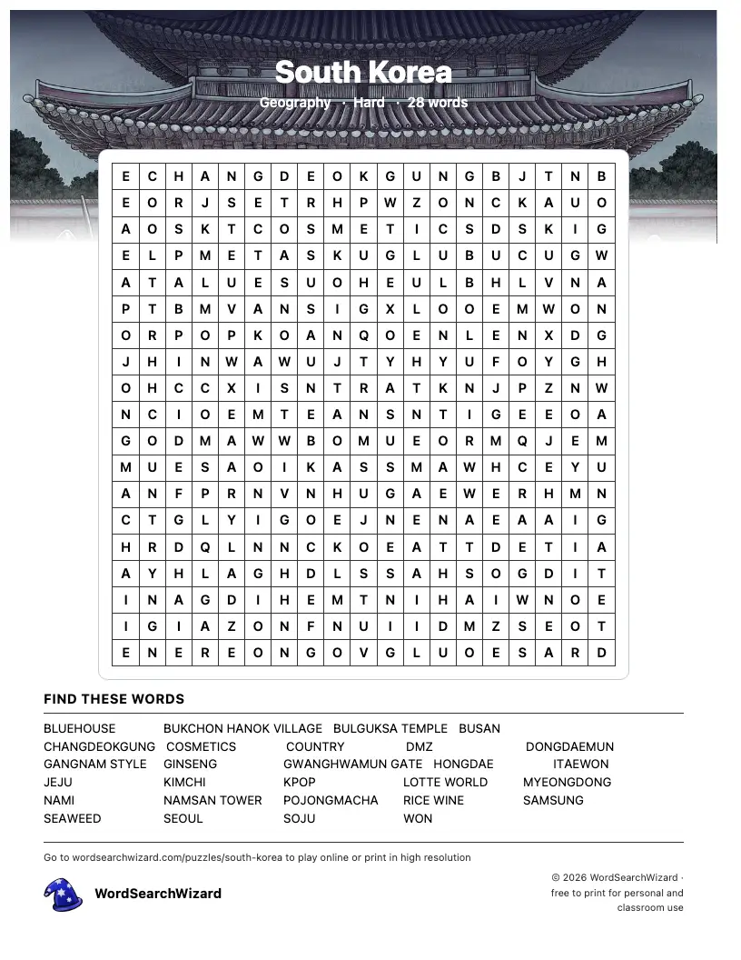 South Korea word search printable sheet, 28 words to find