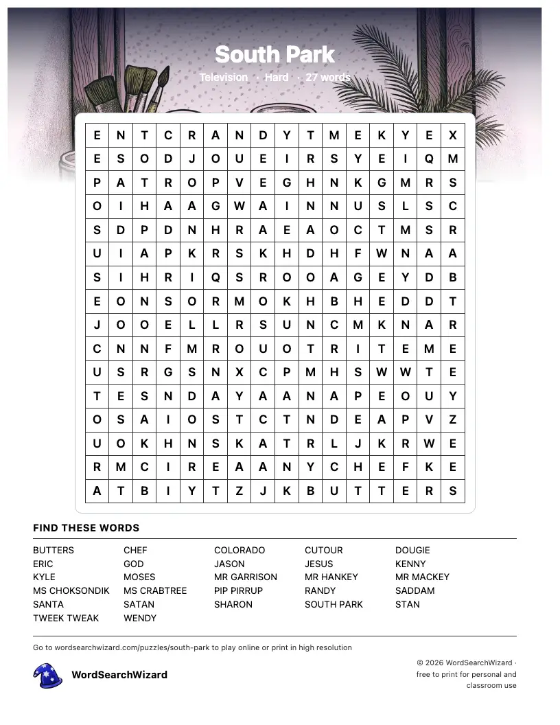 South Park word search printable sheet, 27 words to find