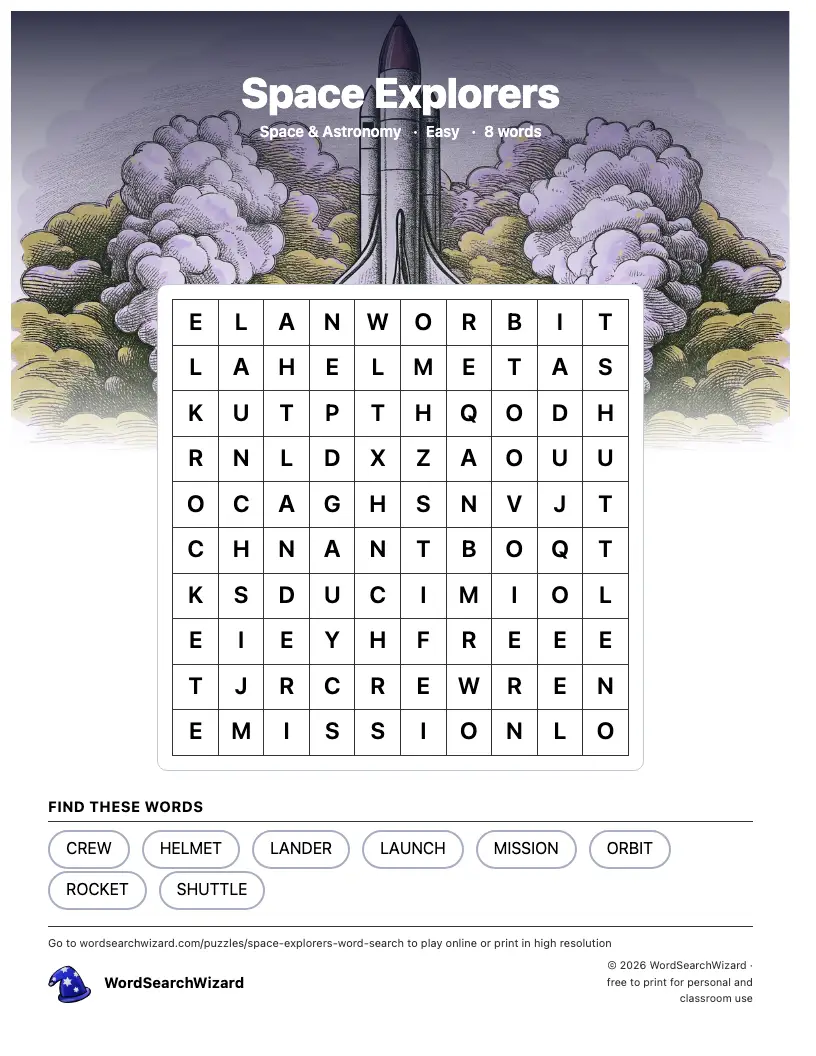 Space Explorers word search printable sheet, 8 words to find