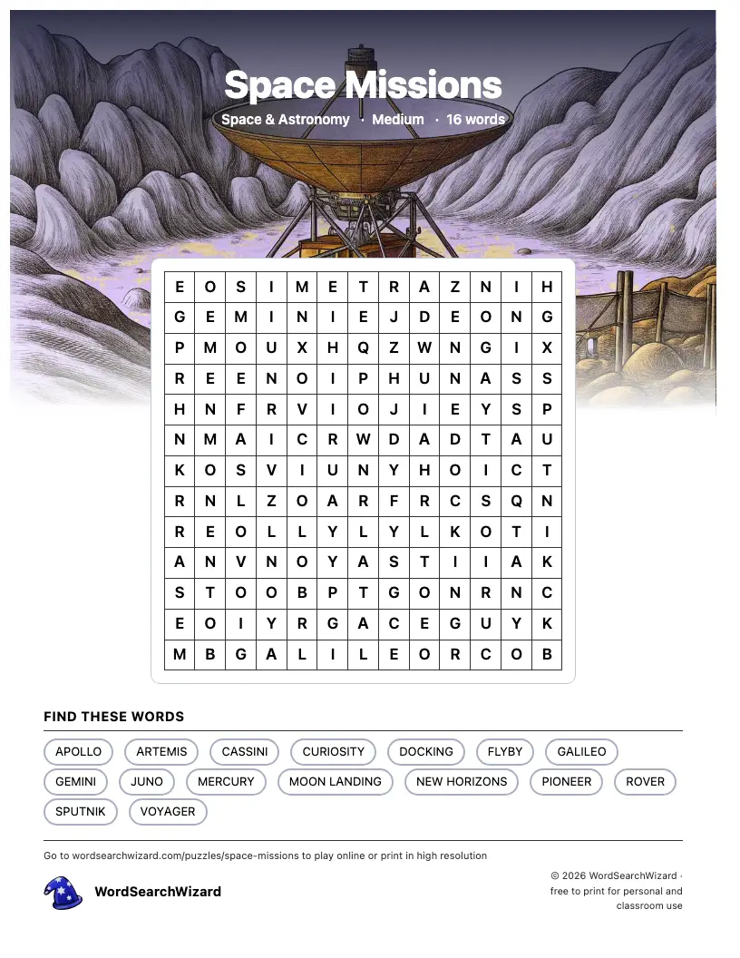 Space Missions word search printable sheet, 16 words to find