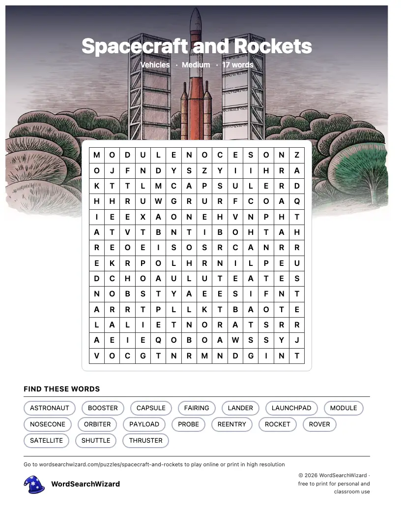 Spacecraft and Rockets word search printable sheet, 17 words to find