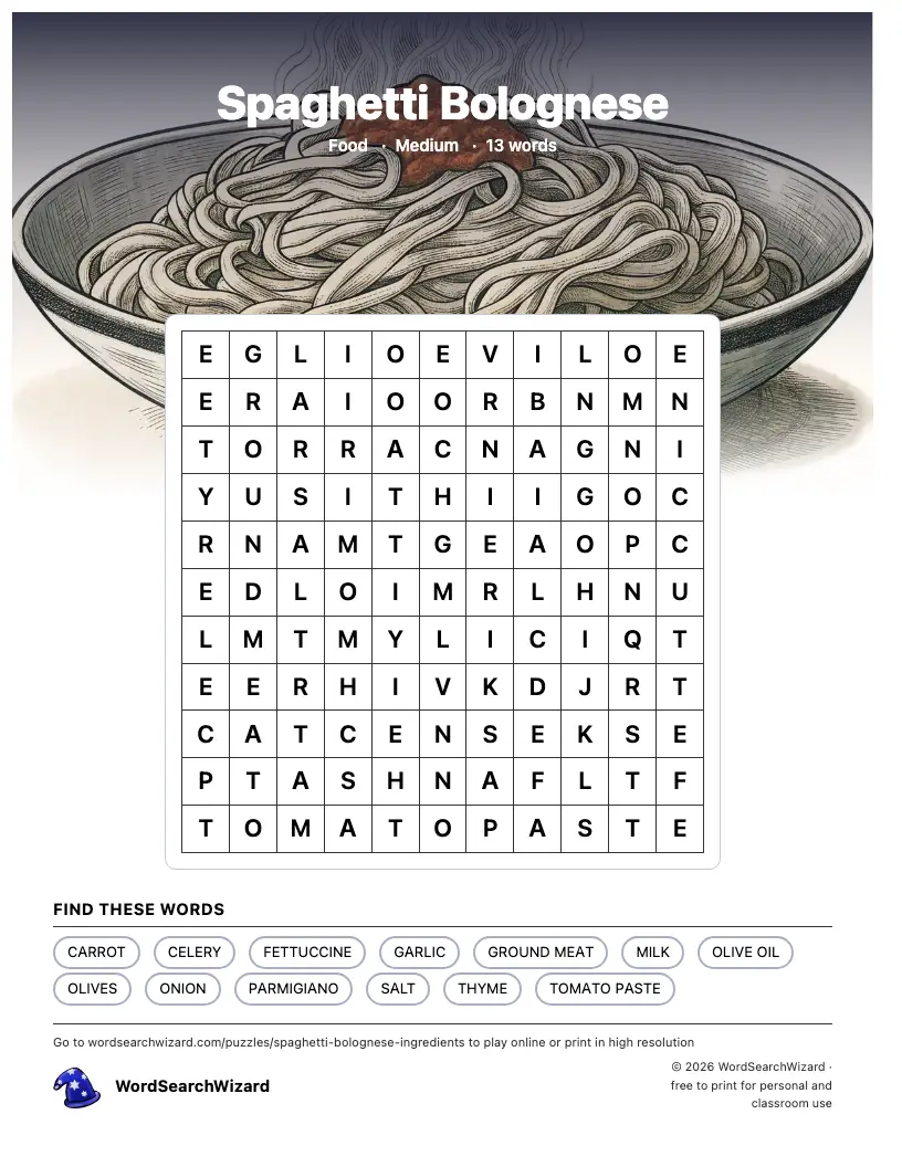 Spaghetti Bolognese word search printable sheet, 13 words to find