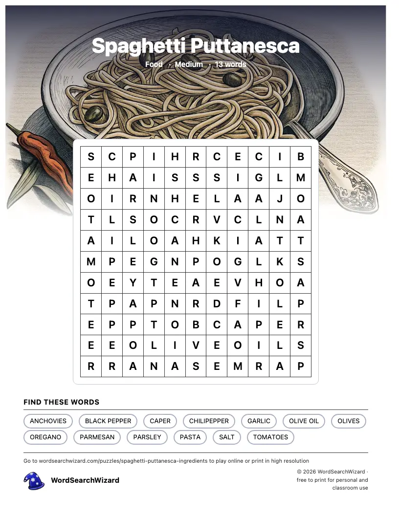 Spaghetti Puttanesca word search printable sheet, 13 words to find