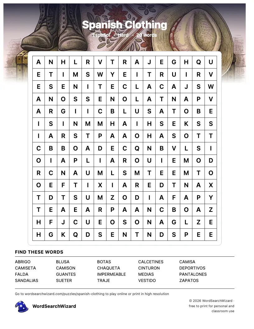 Spanish Clothing word search printable sheet, 20 words to find