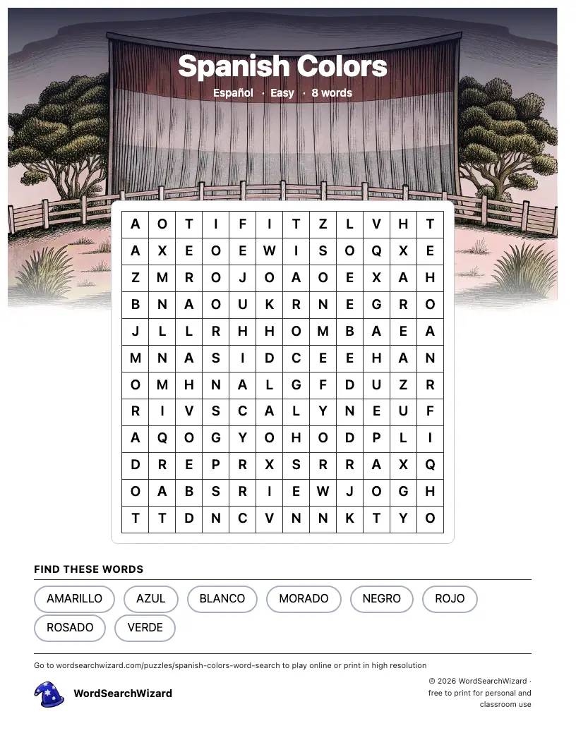 Spanish Colors word search printable sheet, 8 words to find
