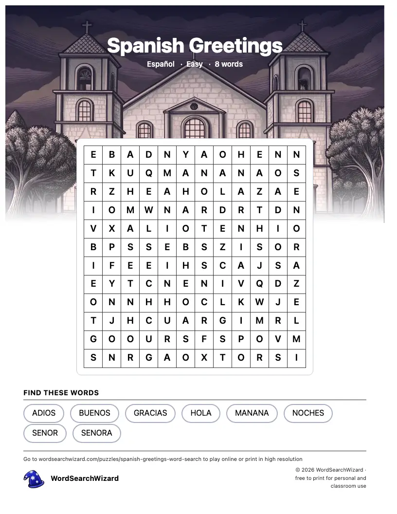 Spanish Greetings word search printable sheet, 8 words to find