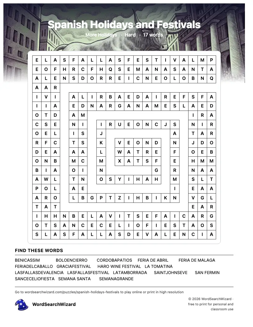 Spanish Holidays and Festivals word search printable sheet, 17 words to find