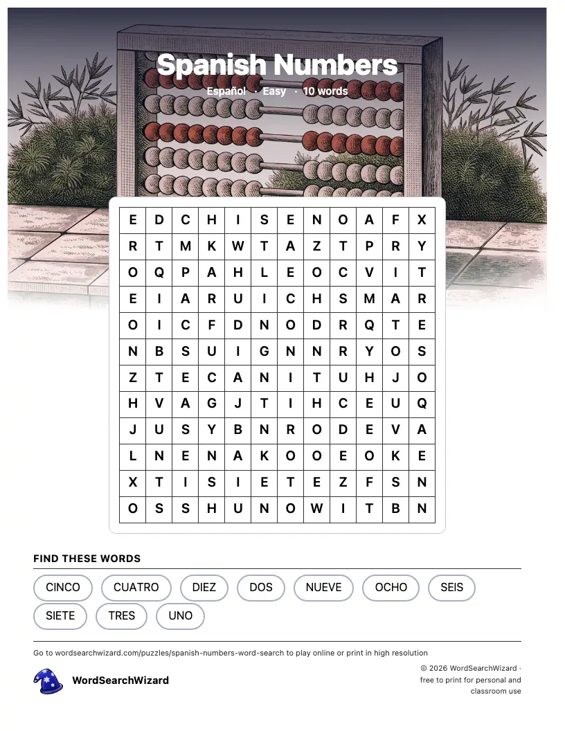 Spanish Numbers word search printable sheet, 10 words to find