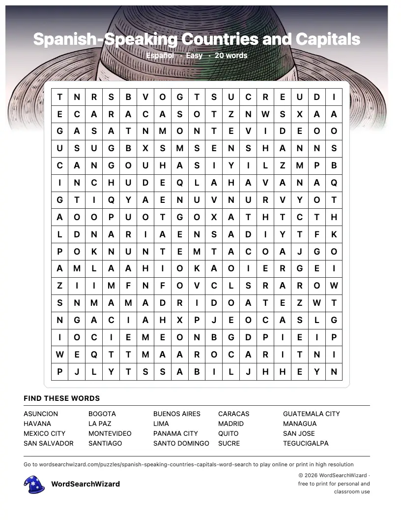 Spanish-Speaking Countries and Capitals word search printable sheet, 20 words to find