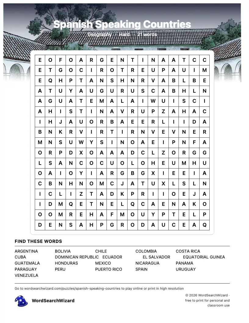 Spanish Speaking Countries word search printable sheet, 21 words to find