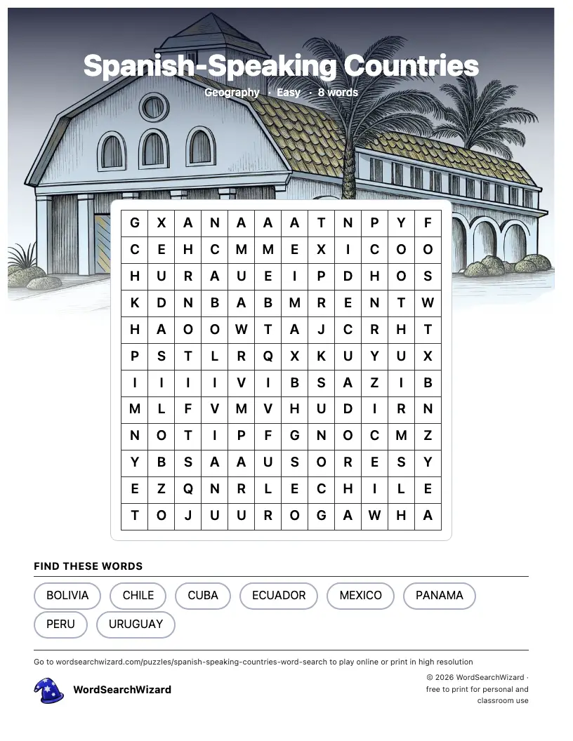 Spanish-Speaking Countries word search printable sheet, 8 words to find