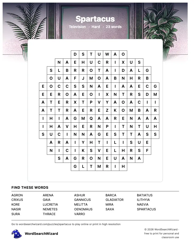 Spartacus word search printable sheet, 23 words to find