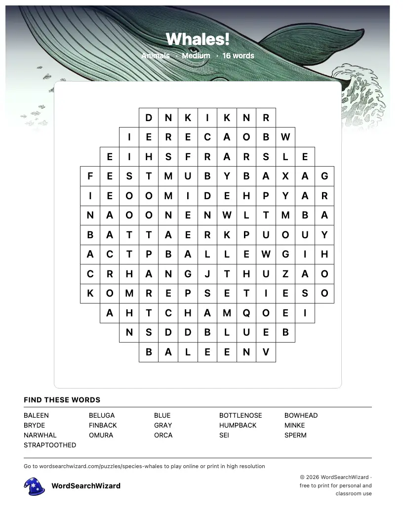 Whales! word search printable sheet, 16 words to find