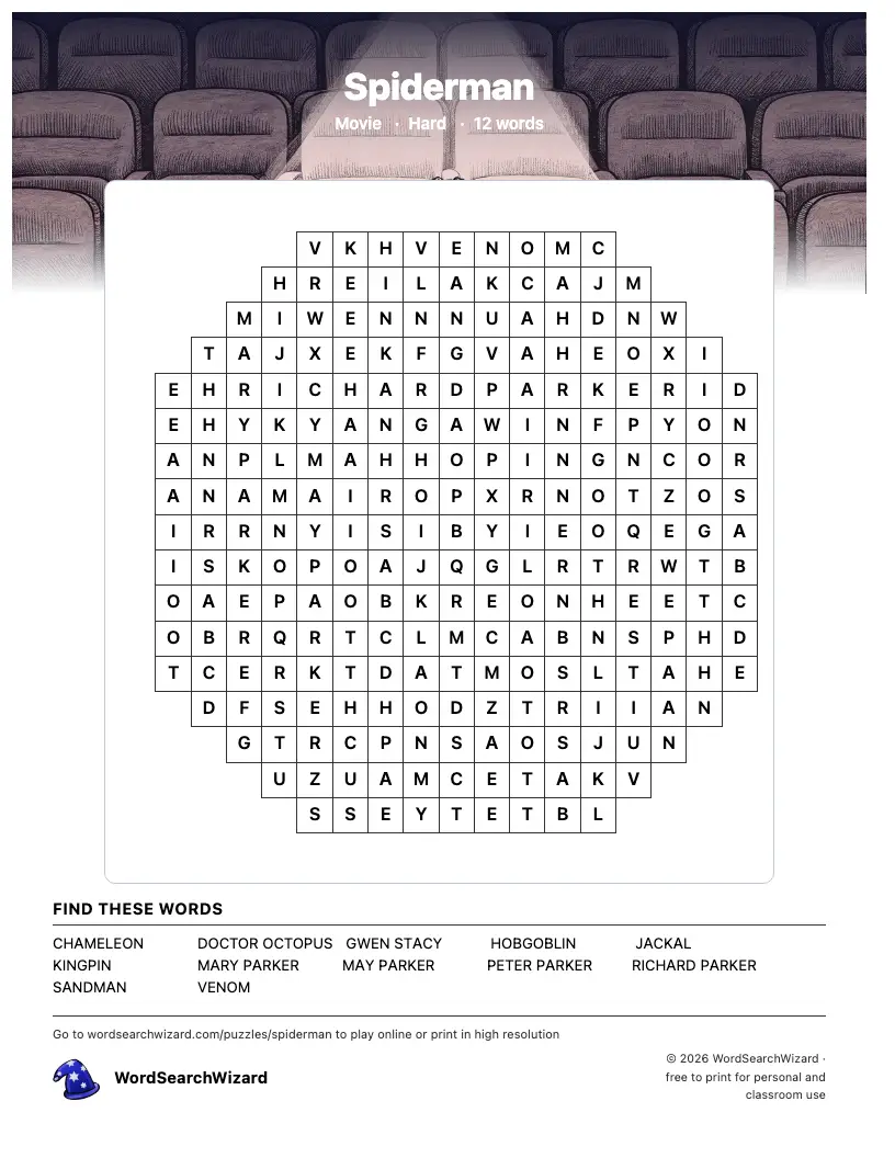 Spiderman word search printable sheet, 12 words to find