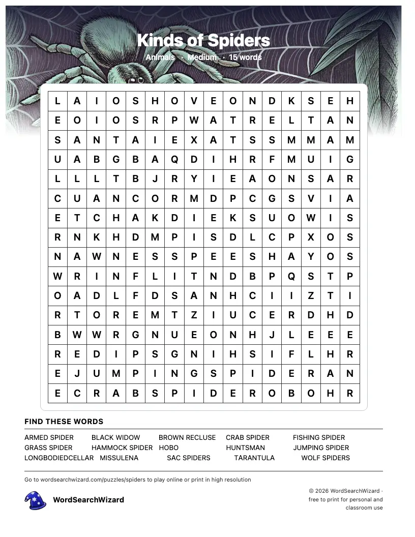 Kinds of Spiders word search printable sheet, 15 words to find