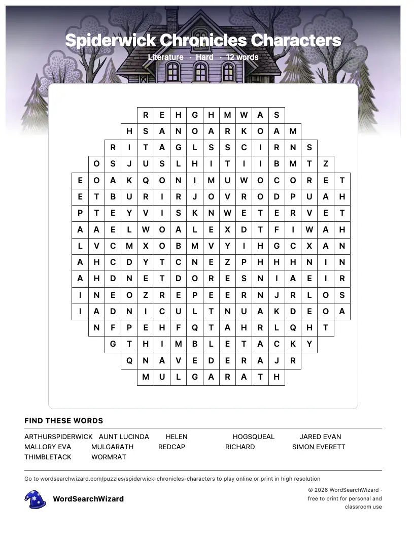 Spiderwick Chronicles Characters word search printable sheet, 12 words to find