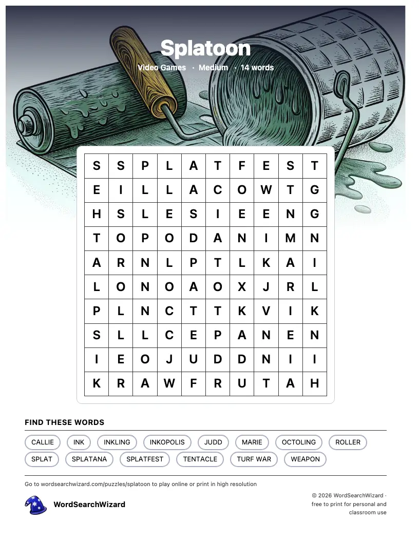 Splatoon word search printable sheet, 14 words to find