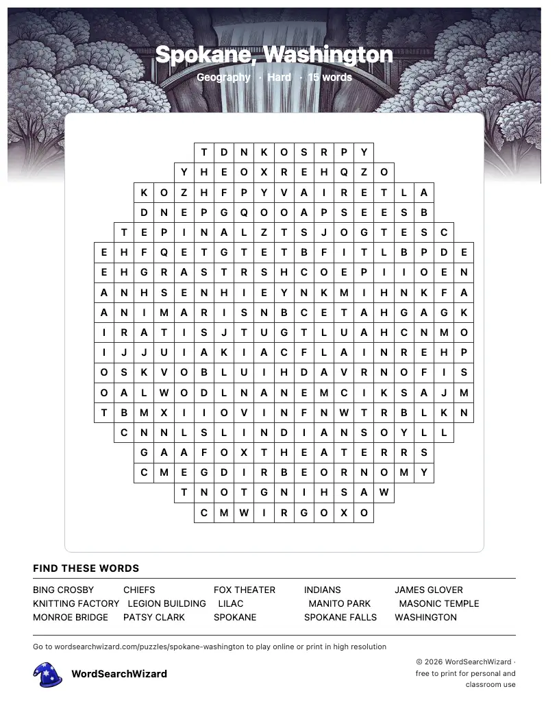Spokane, Washington word search printable sheet, 15 words to find