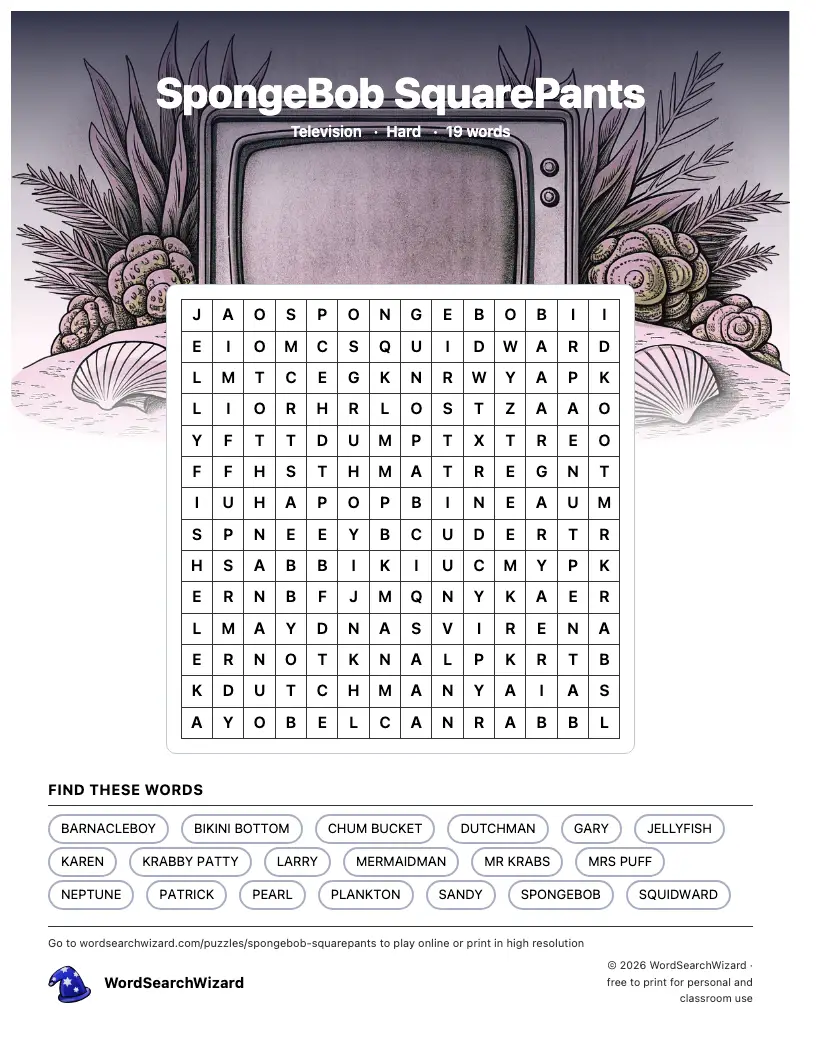 SpongeBob SquarePants word search printable sheet, 19 words to find