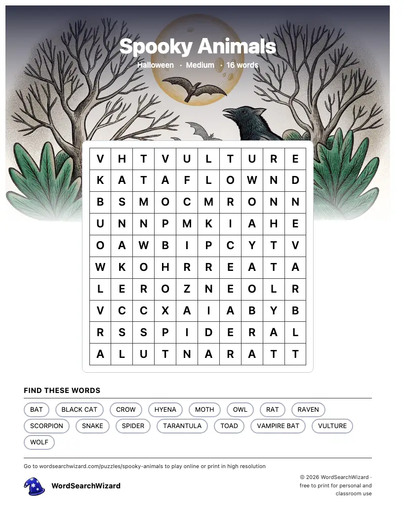 Spooky Animals word search printable sheet, 16 words to find