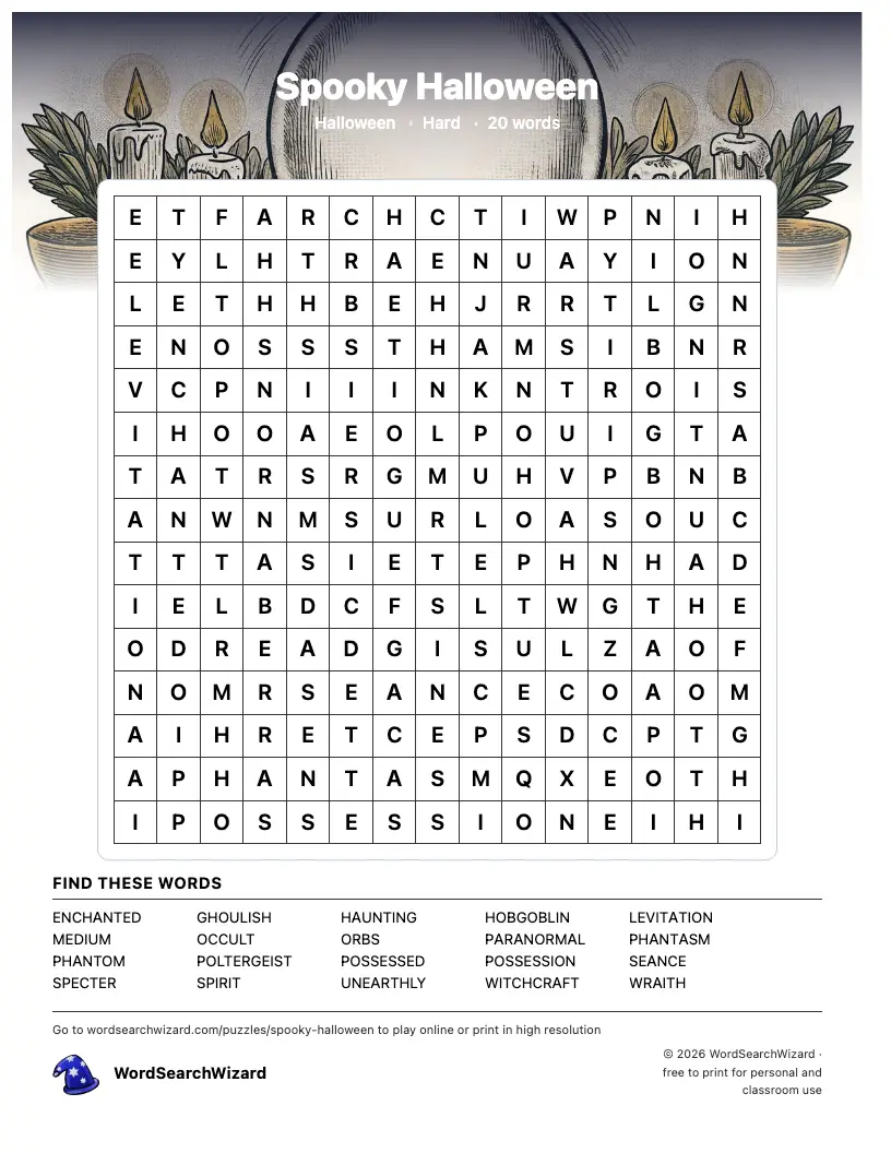 Spooky Halloween word search printable sheet, 20 words to find