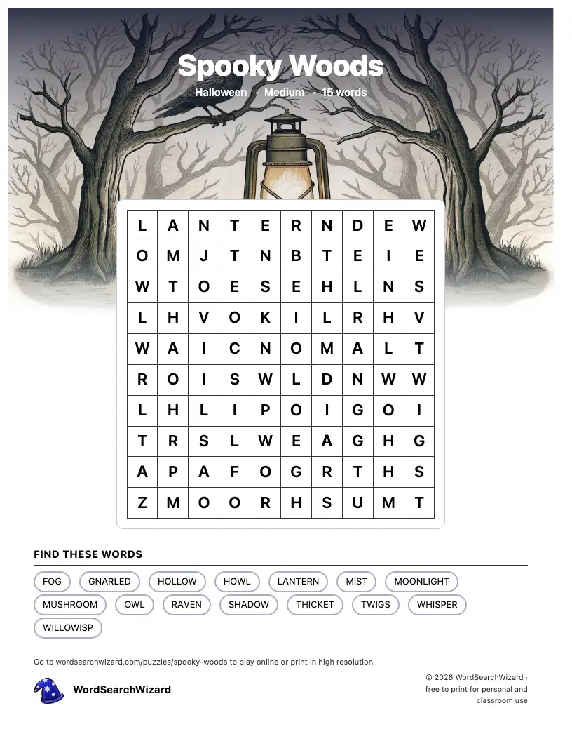 Spooky Woods word search printable sheet, 15 words to find