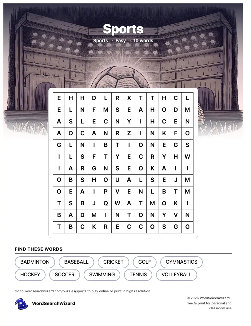 Sports word search printable sheet, 10 words to find