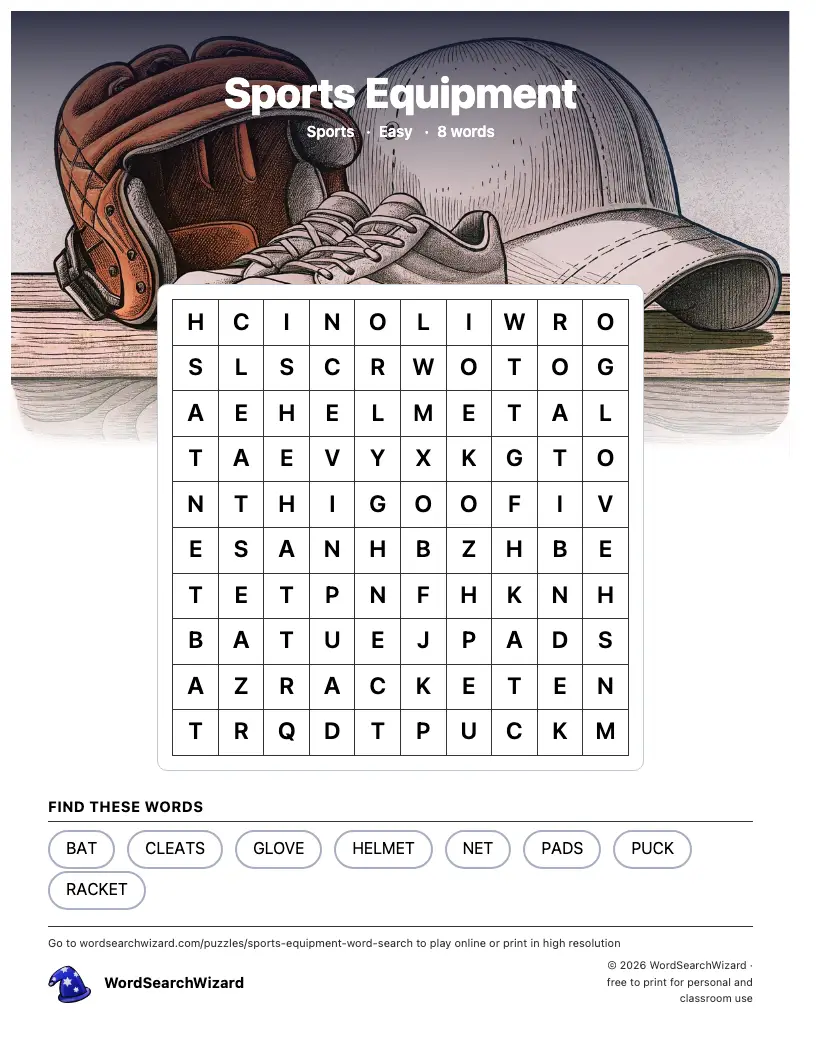 Sports Equipment word search printable sheet, 8 words to find