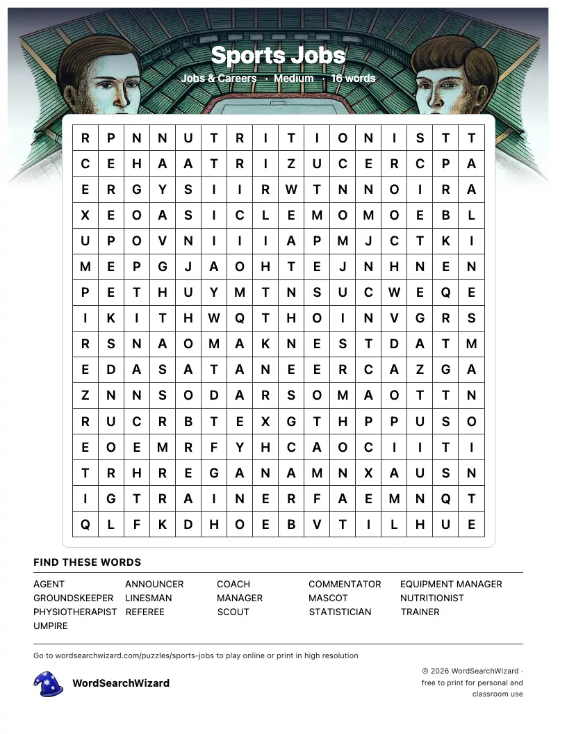 Sports Jobs word search printable sheet, 16 words to find