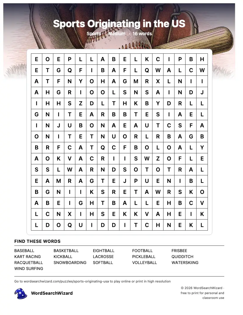 Sports Originating in the US word search printable sheet, 16 words to find