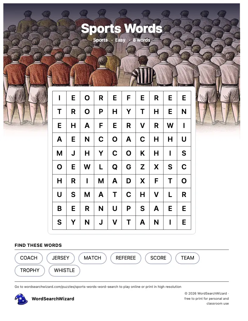 Sports Words word search printable sheet, 8 words to find