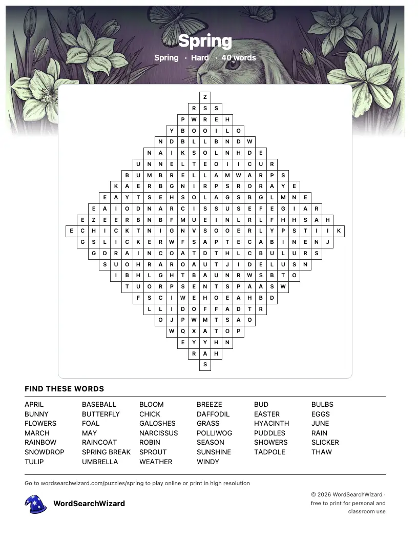 Spring word search printable sheet, 40 words to find