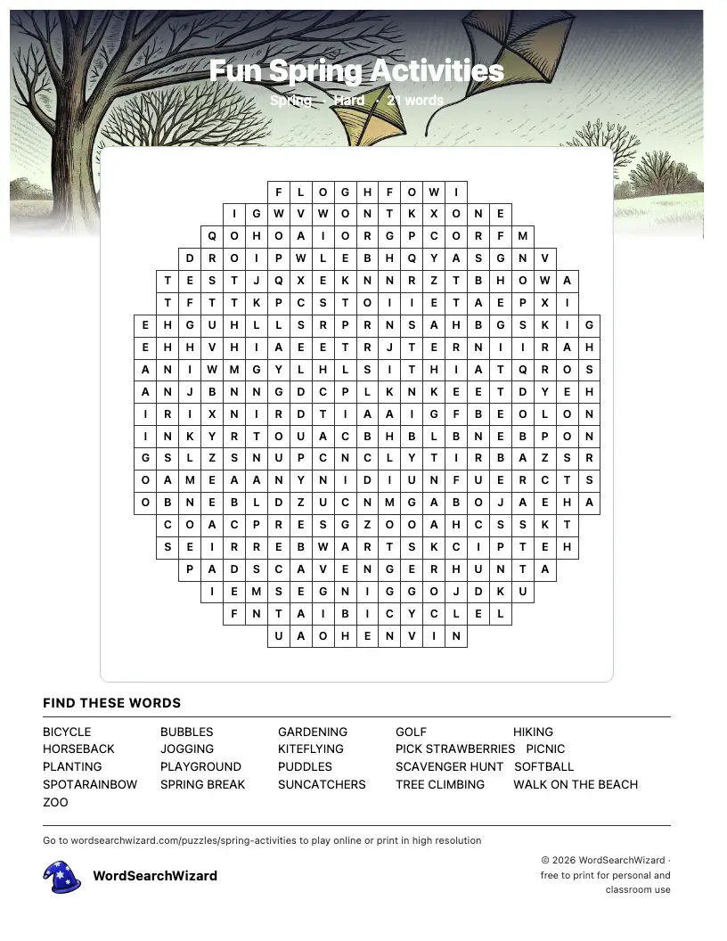 Fun Spring Activities word search printable sheet, 21 words to find
