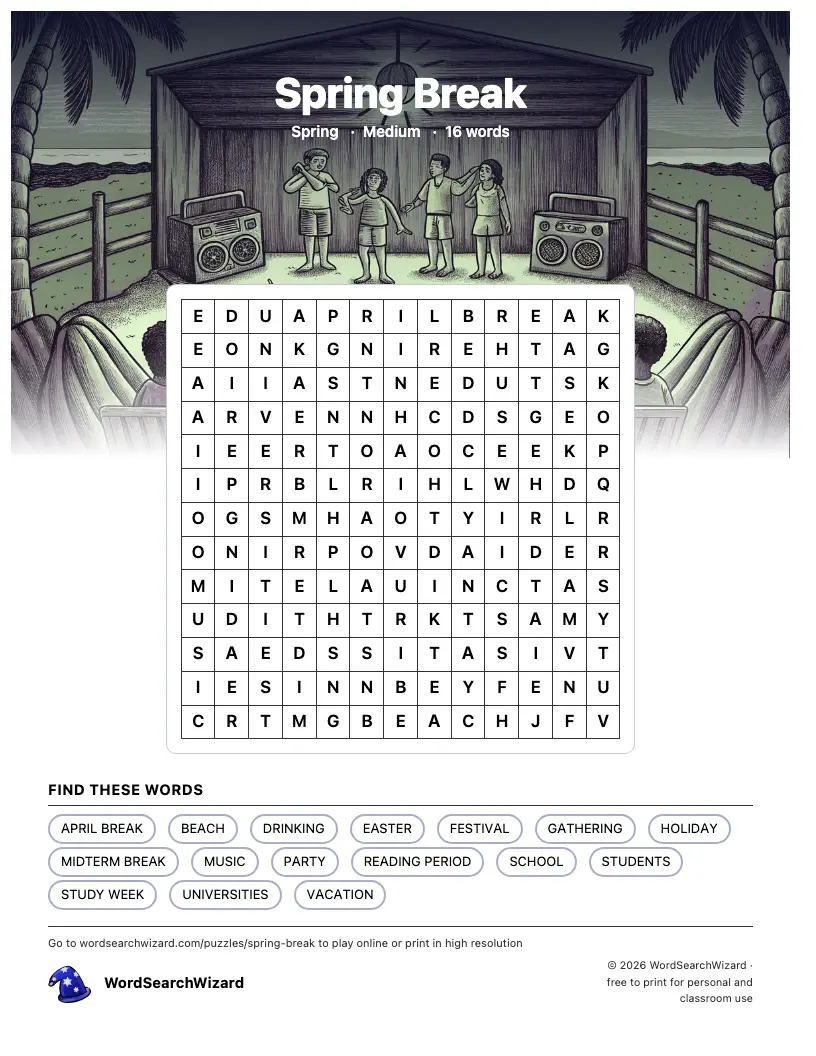 Spring Break word search printable sheet, 16 words to find